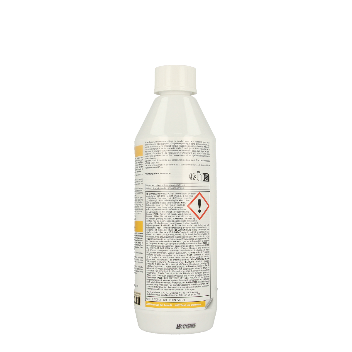 HG Tegen stinkende vaatwasser schoonmaakartikelen in 500g, a dishwasher cleaning product with label and packaging visible.