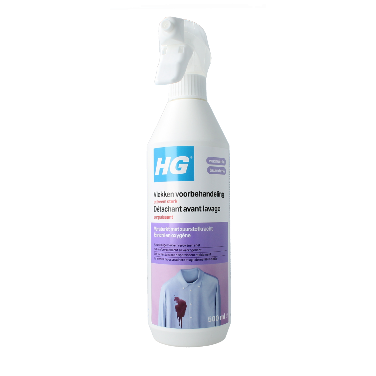 HG Vlekkenvoorbehandeling extreem sterk cleaning product in a 500ml bottle, designed for tough stain removal.