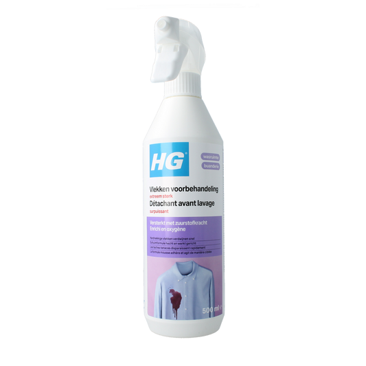 HG Vlekkenvoorbehandeling extreem sterk cleaning product in a 500ml bottle, designed for tough stain removal.