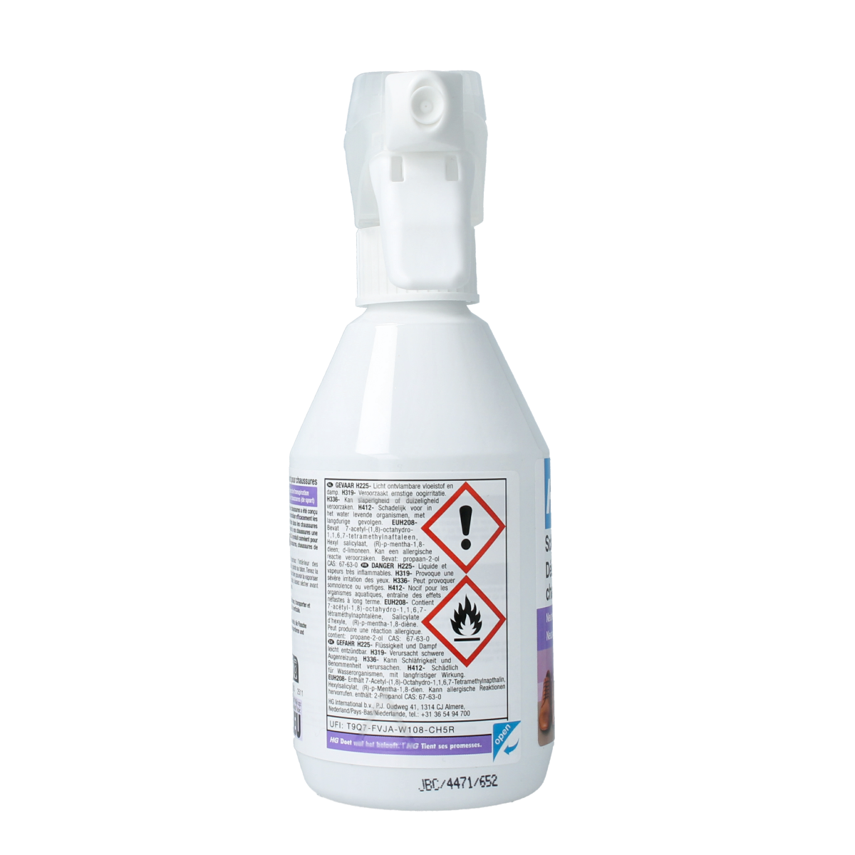 HG Schoendeo 250ml shoe cleaning spray bottle, part of HG's shoe care cleaning products, with a clear label and spray nozzle.