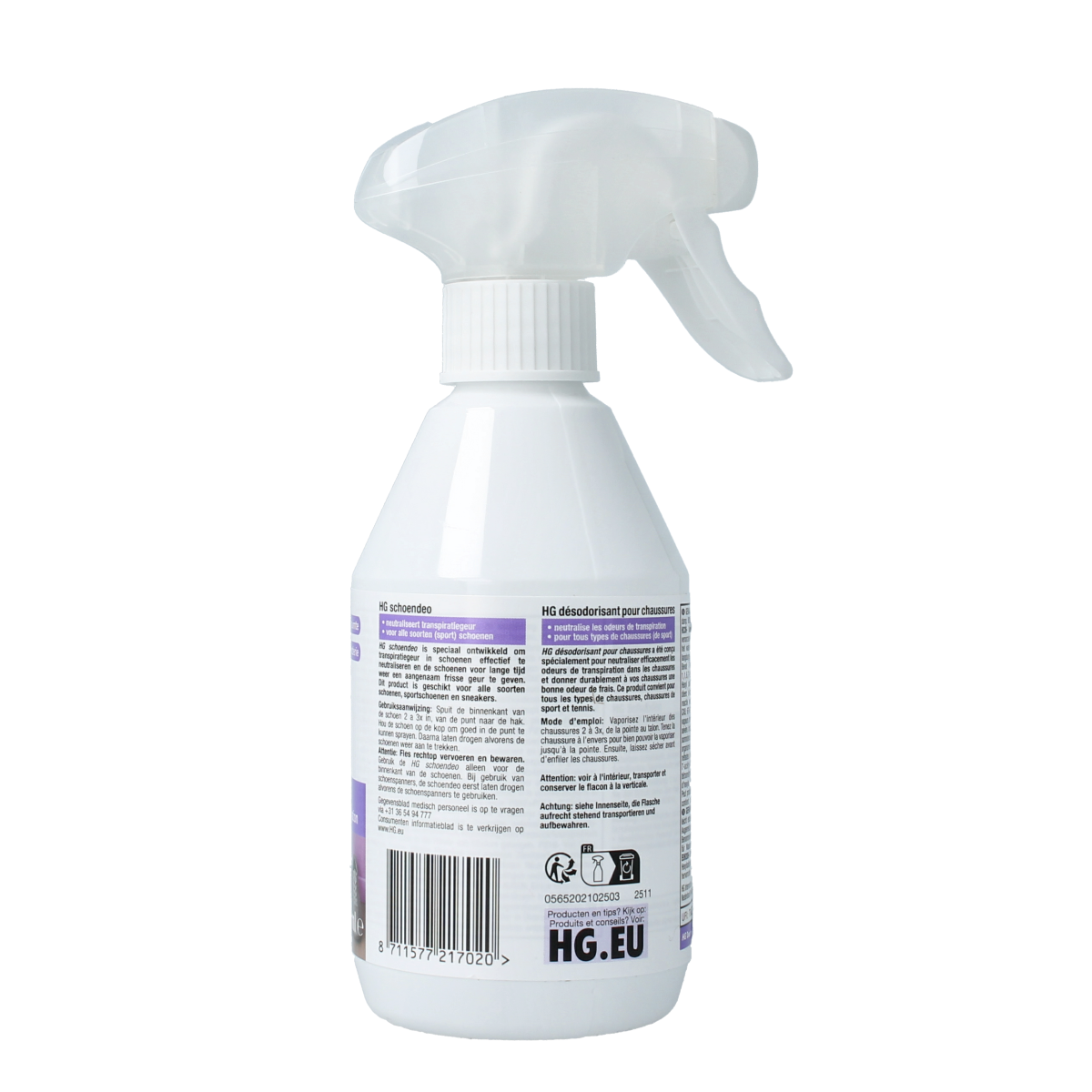 HG Schoendeo 250ml shoe cleaning spray in a white bottle with a spray nozzle, designed for cleaning and maintaining shoes.