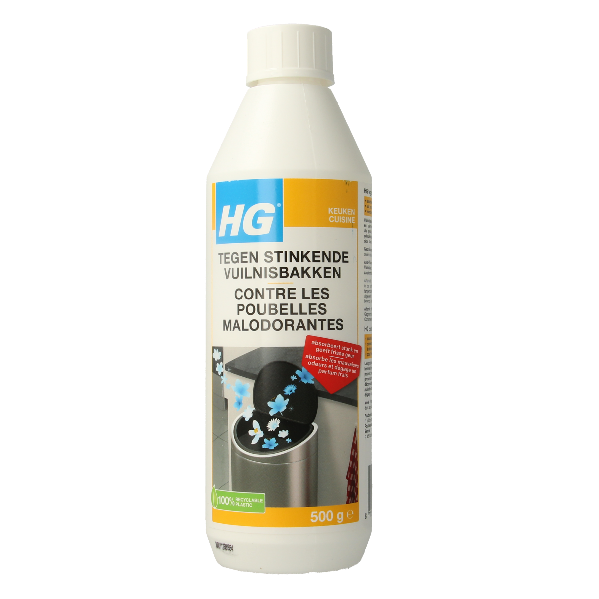 HG Tegen stinkende vuilnisbakken cleaning spray bottle, 500g, designed to eliminate odors from trash bins seamlessly.