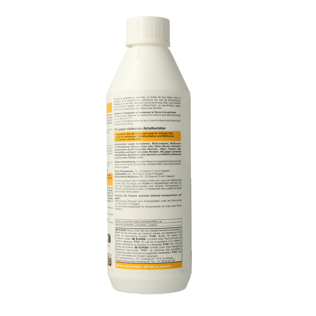 HG Tegen stinkende vuilnisbakken cleaner, 500g, a cleaning product in a container with a label, designed to eliminate trash can odors