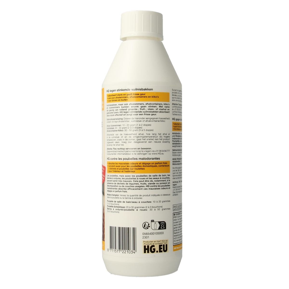 HG Tegen stinkende vuilnisbakken cleaning product, 500g, for eliminating odors from trash bins, in a natural cleaning setting