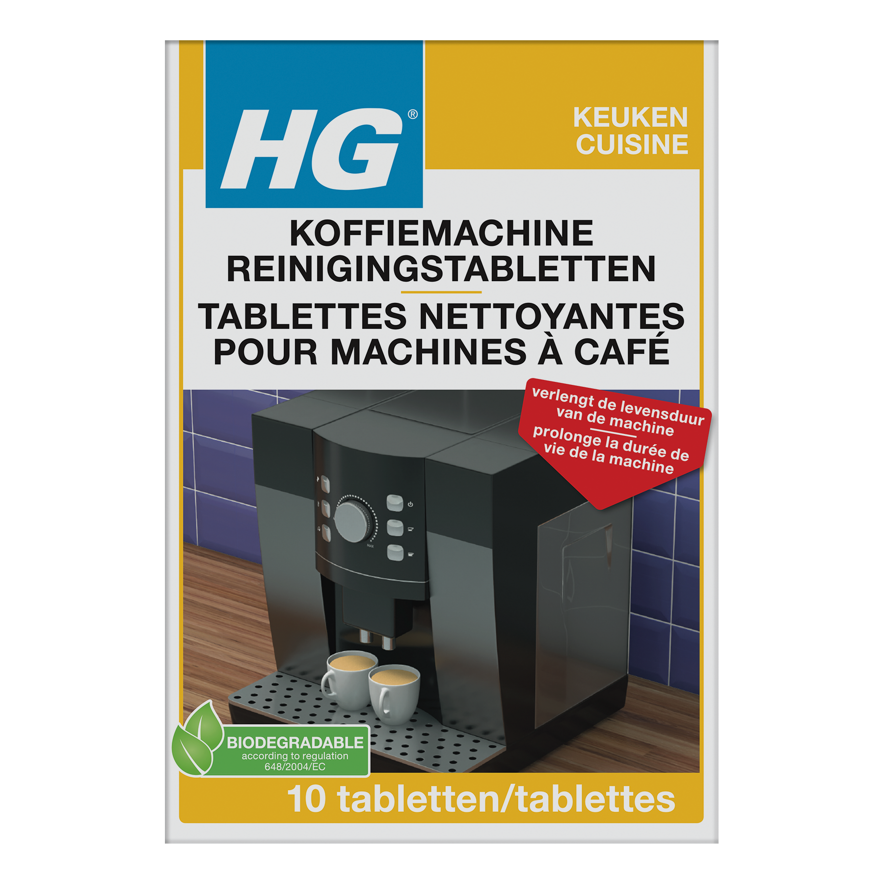 HG Koffiemachine Reinigingstablet, set of 10, cleaning tablets for coffee machines, in a sealed package with branding.