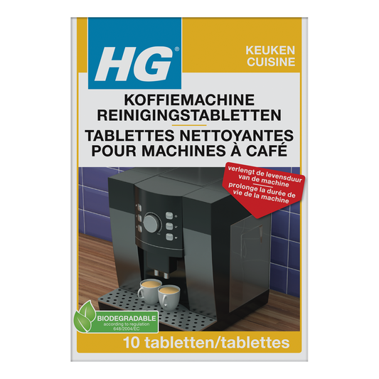 HG Koffiemachine Reinigingstablet, set of 10, cleaning tablets for coffee machines, in a sealed package with branding.