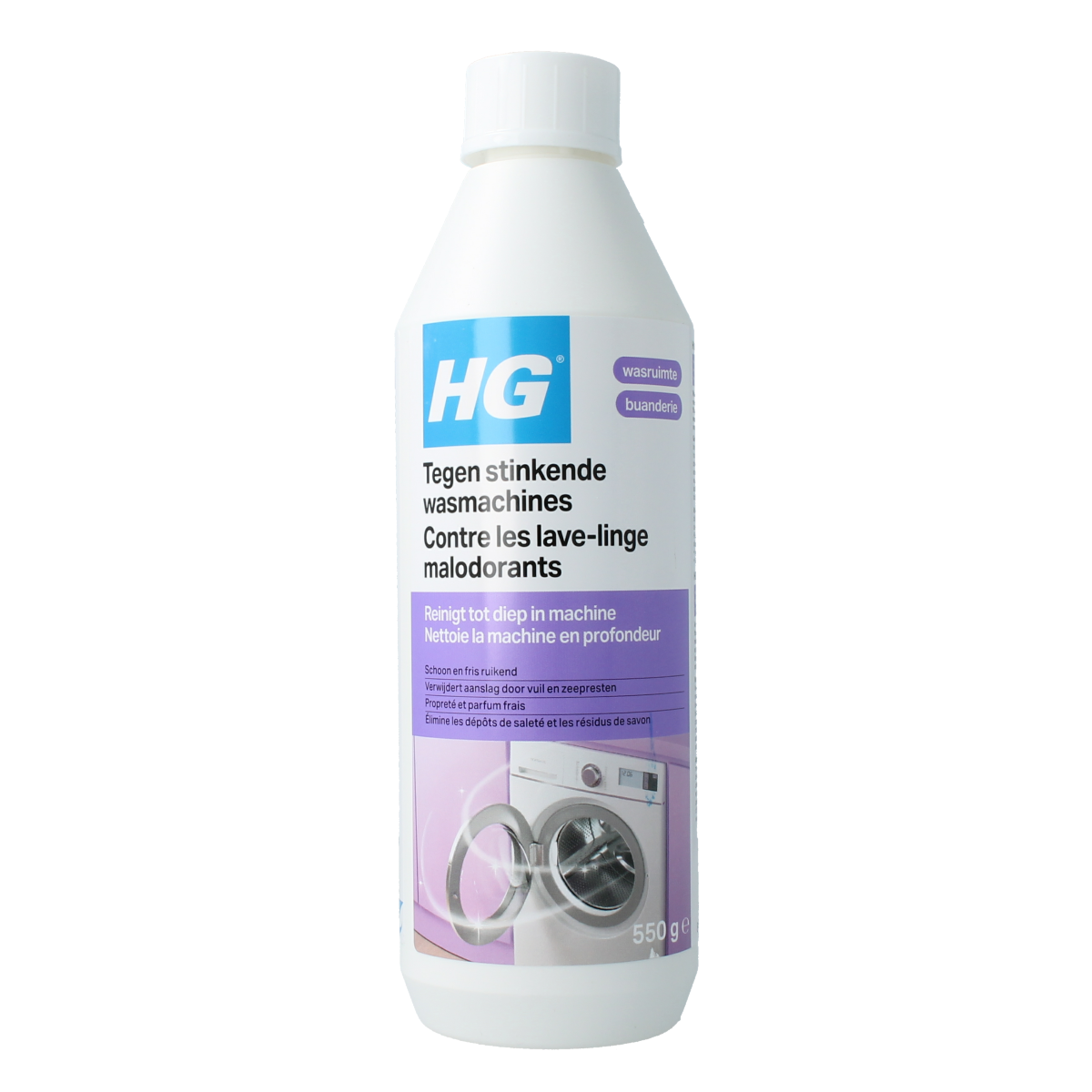 HG Tegen stinkende wasmachine schoonmaakartikel, 550g, with a transparent container and cleaning tablets visible inside.