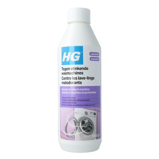 HG Tegen stinkende wasmachine schoonmaakartikel, 550g, with a transparent container and cleaning tablets visible inside.