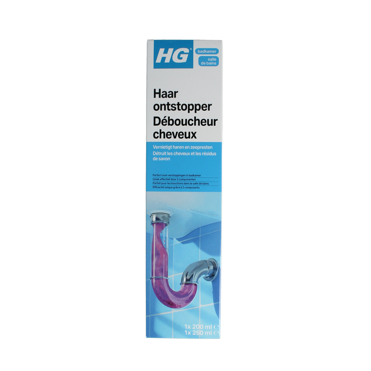 HG Haarontstopper 450ml cleaning product bottle with label, used for hair clog removal and plumbing maintenance.