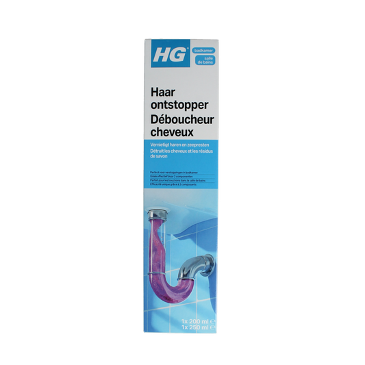 HG Haarontstopper 450ml cleaning product bottle with label, used for hair clog removal and plumbing maintenance.