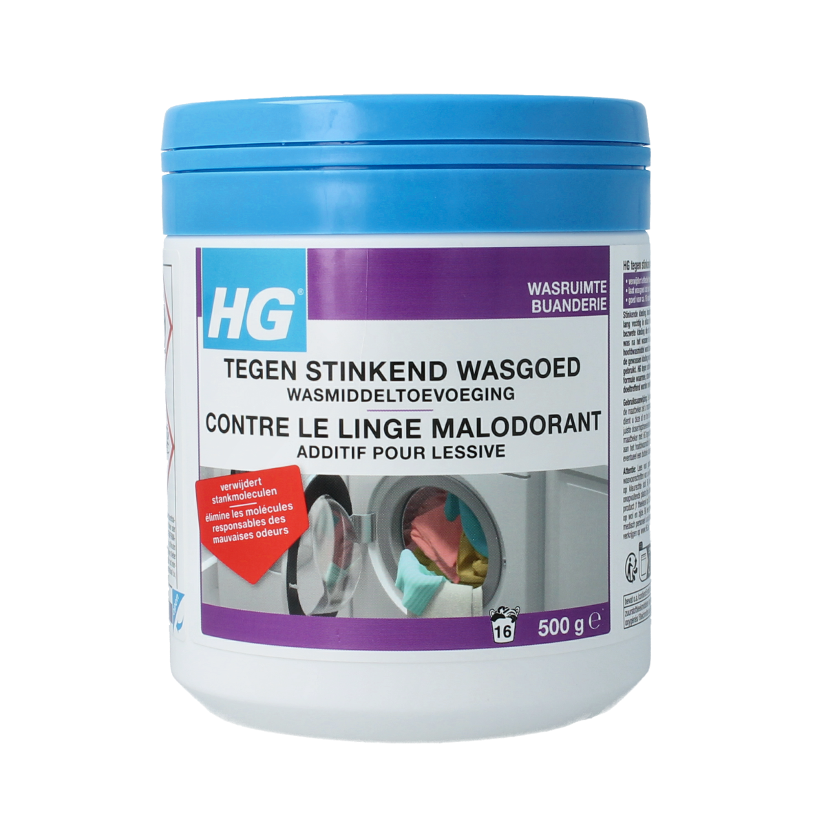HG Wasmiddel stinkend wasgoed laundry detergent 500g for removing odors from clothing and fabrics.
