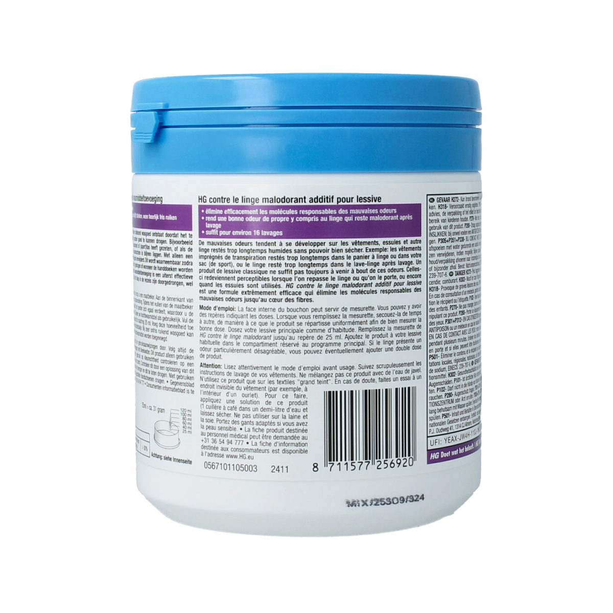 HG Wasmiddel stinkend wasgoed 500g bottle, laundry detergent for removing odors from clothing and fabrics.
