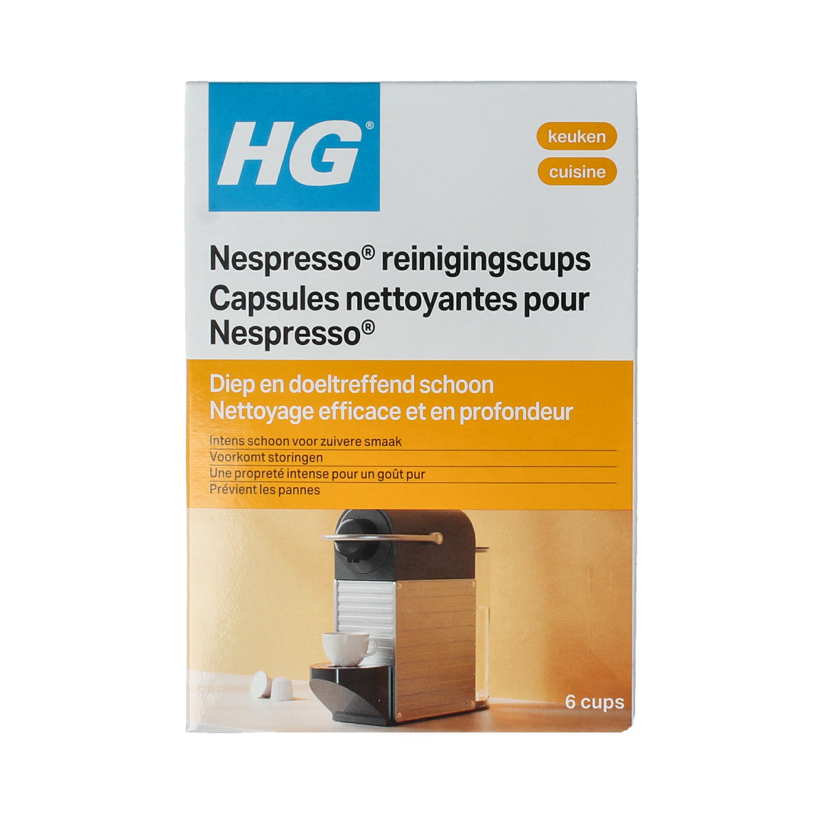 HG Reinigingscups for Nespresso machines, set of 6, cleaning accessories for coffee machine maintenance.