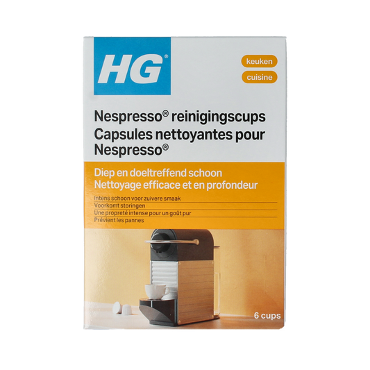 HG Reinigingscups for Nespresso machines, set of 6, cleaning accessories for coffee machine maintenance.