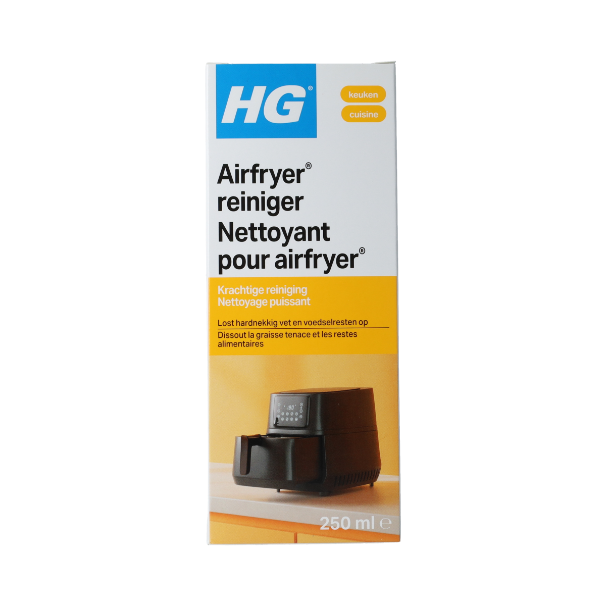 HG Airfryer cleaner spray in a 250ml bottle, designed for cleaning airfryers and kitchen appliances.