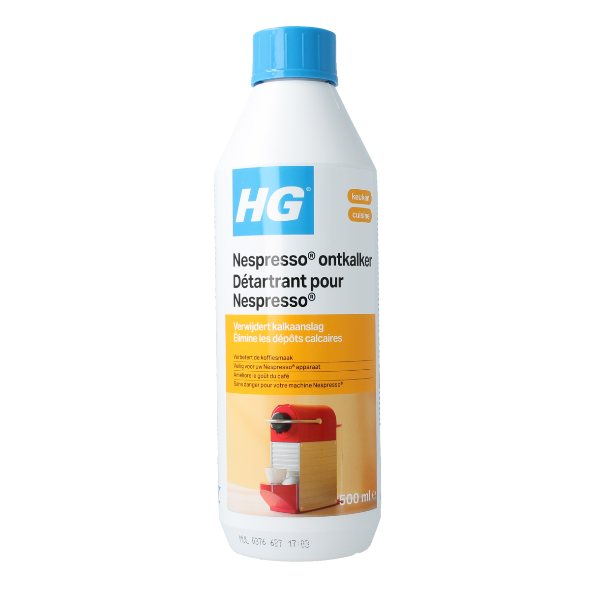 HG Nespresso descaler bottle, 500ml, cleaning product for Nespresso coffee machines, with clear label and cap visible.