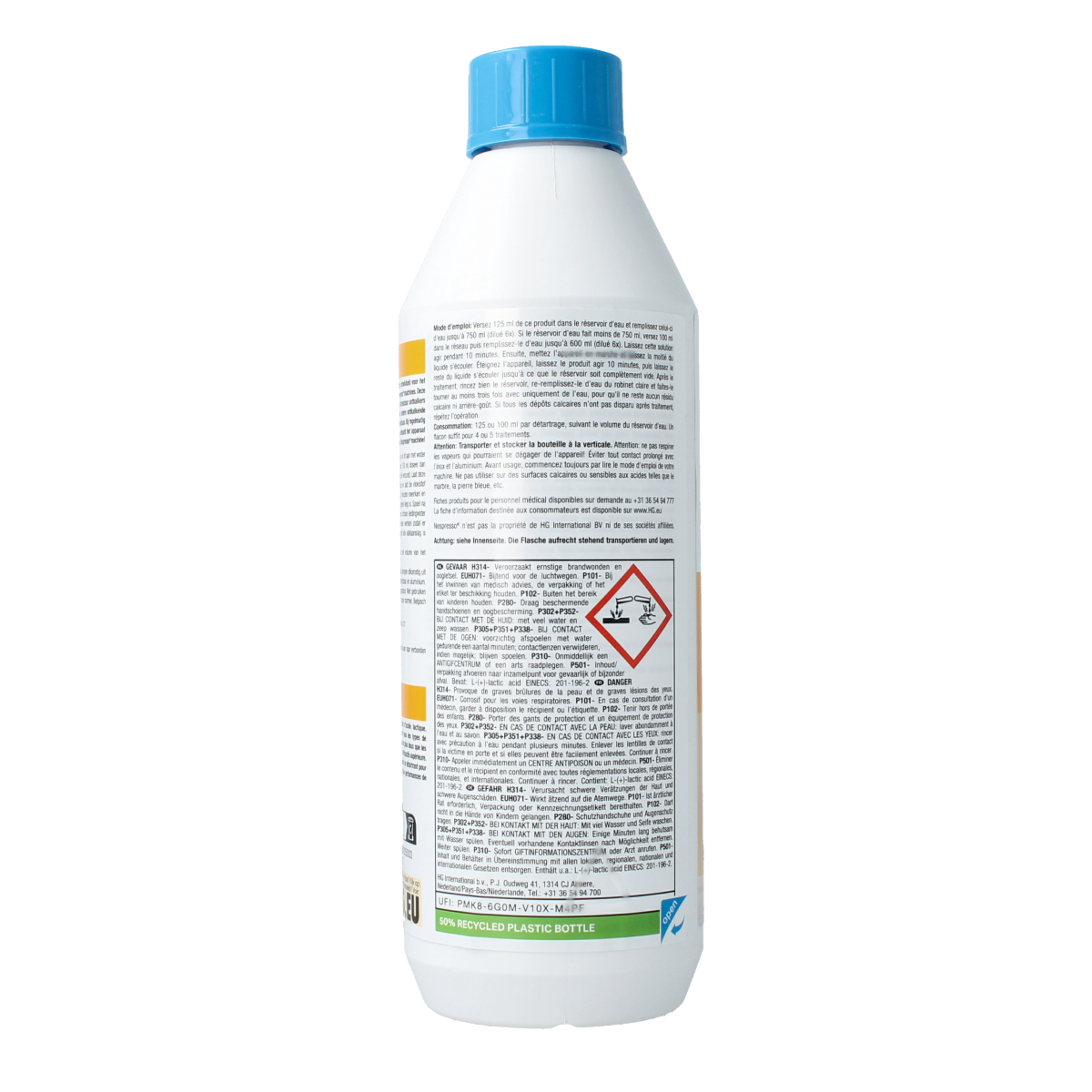 HG Nespresso descaling cleaner 500ml bottle, a cleaning product for Nespresso machines with the HG brand logo visible.