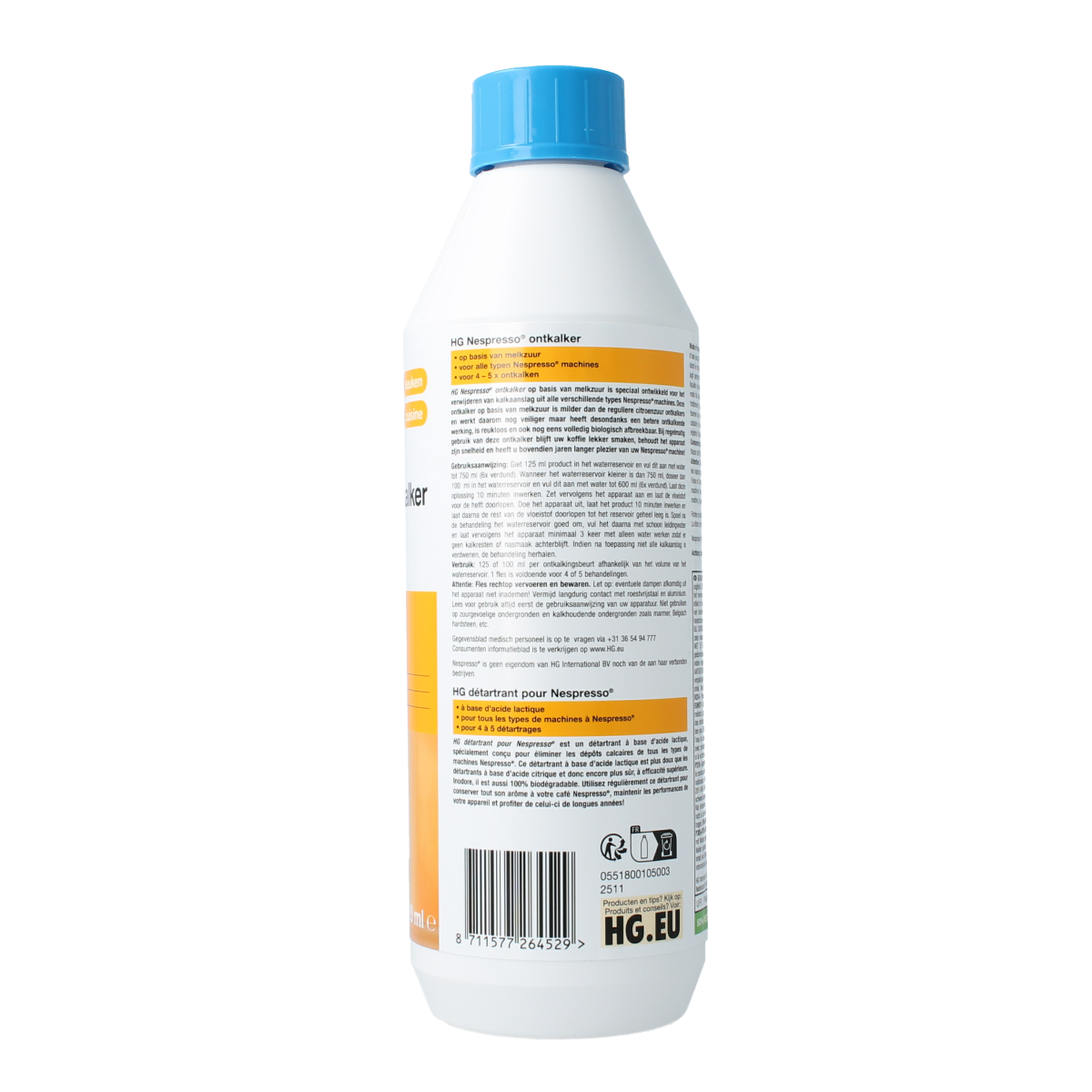 HG Nespresso descaler bottle, 500ml, in white with label, used for cleaning Nespresso coffee machines.