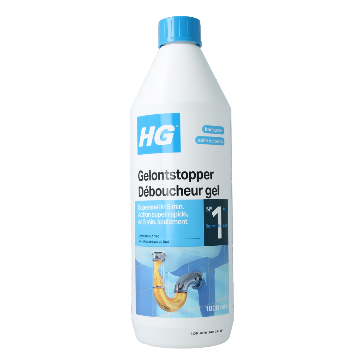 HG Gel ontstopper in 1-liter bottle, a cleaning product for unclogging drains, shown in its container.