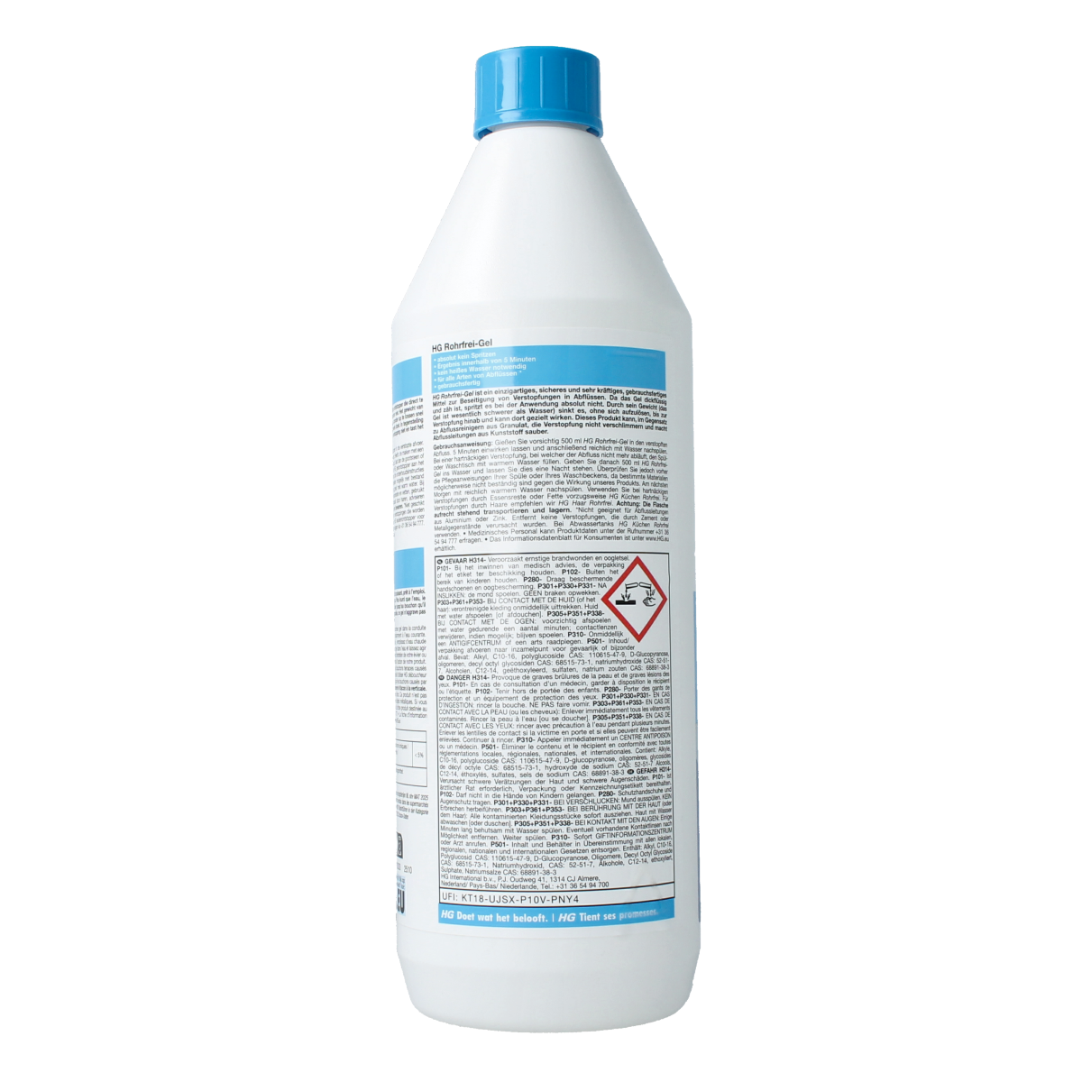 HG Gel ontstopper 1.00 liter bottle, effective drain cleaner in a clear plastic container for household use.