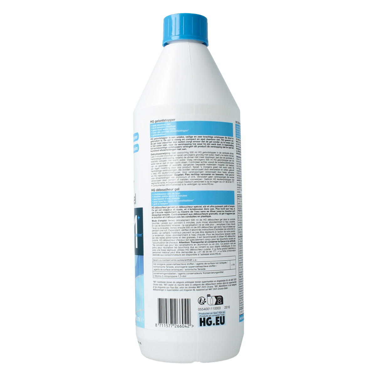 HG Gel ontstopper in 1 liter bottle, a cleaning product for unclogging drains, shown in a clear container with label.