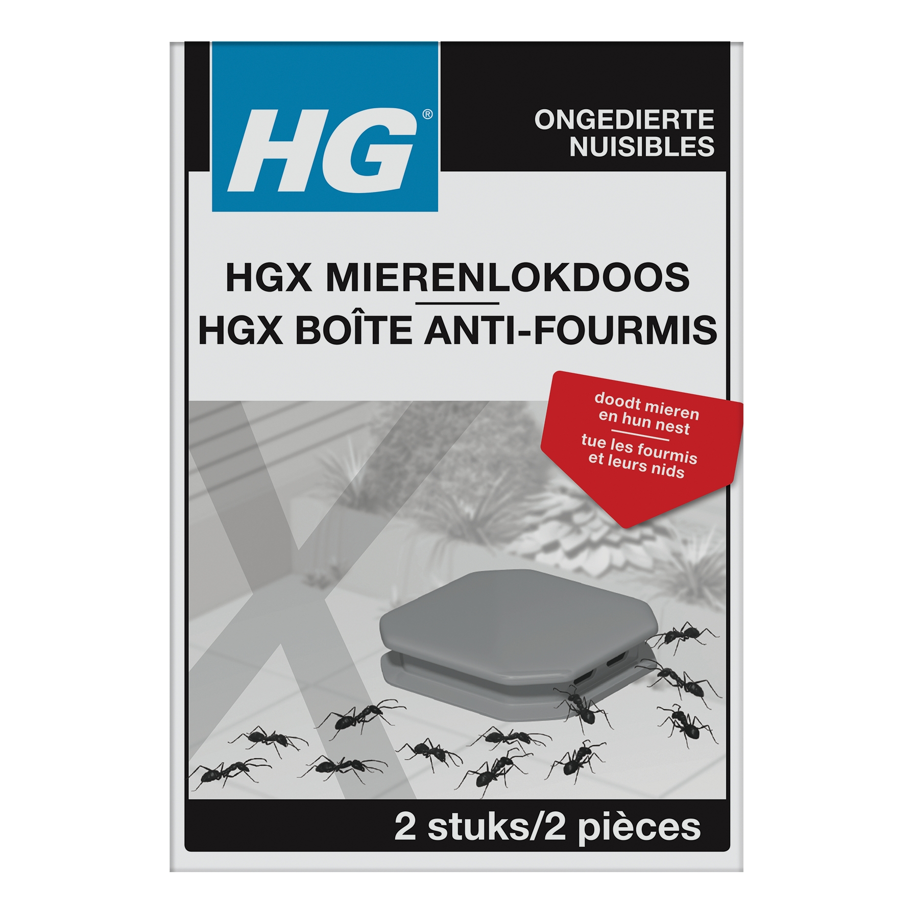 HG Mierenlokdoos pest control set with two bait stations for effective ant management, designed for outdoor and indoor use.