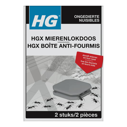HG Mierenlokdoos pest control set with two bait stations for effective ant management, designed for outdoor and indoor use.
