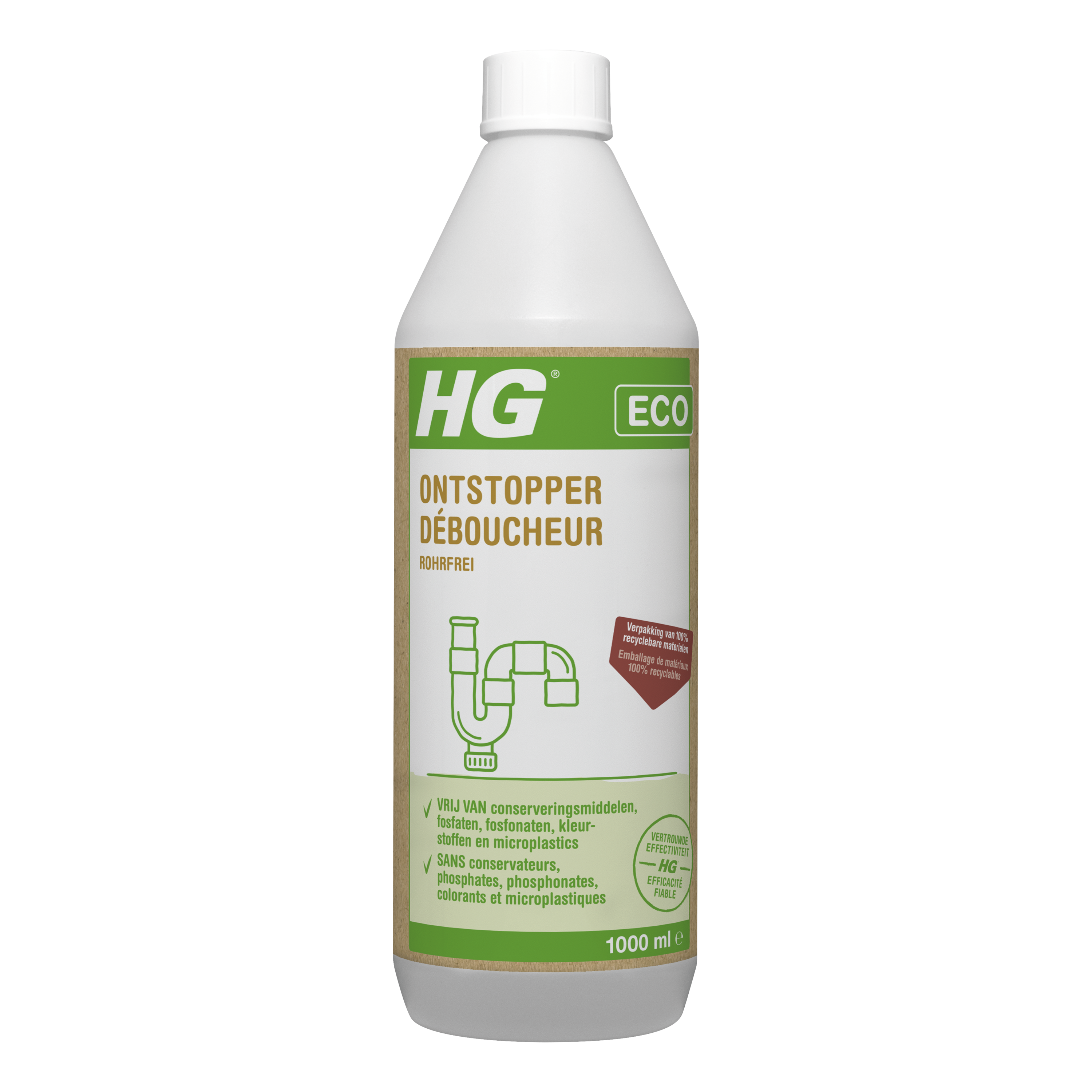 HG Eco ontstopper 1.00 liter, eco-friendly cleaning product for unclogging drains, shown in a clear container.