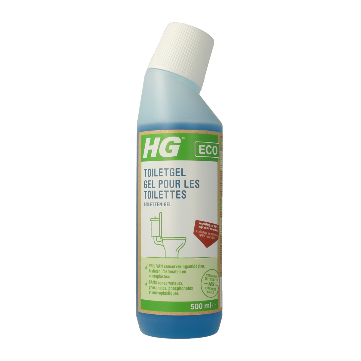 HG Eco toilet gel in a 500ml bottle, designed for toilet cleaning and freshness, with a green label and nozzle applicator.