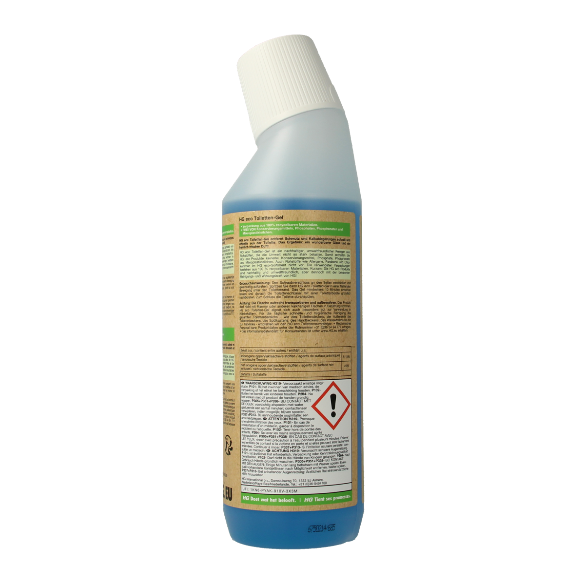 HG Eco toilet gel 500ml bottle for toilet cleaning and freshness, with a green and white label on the product.