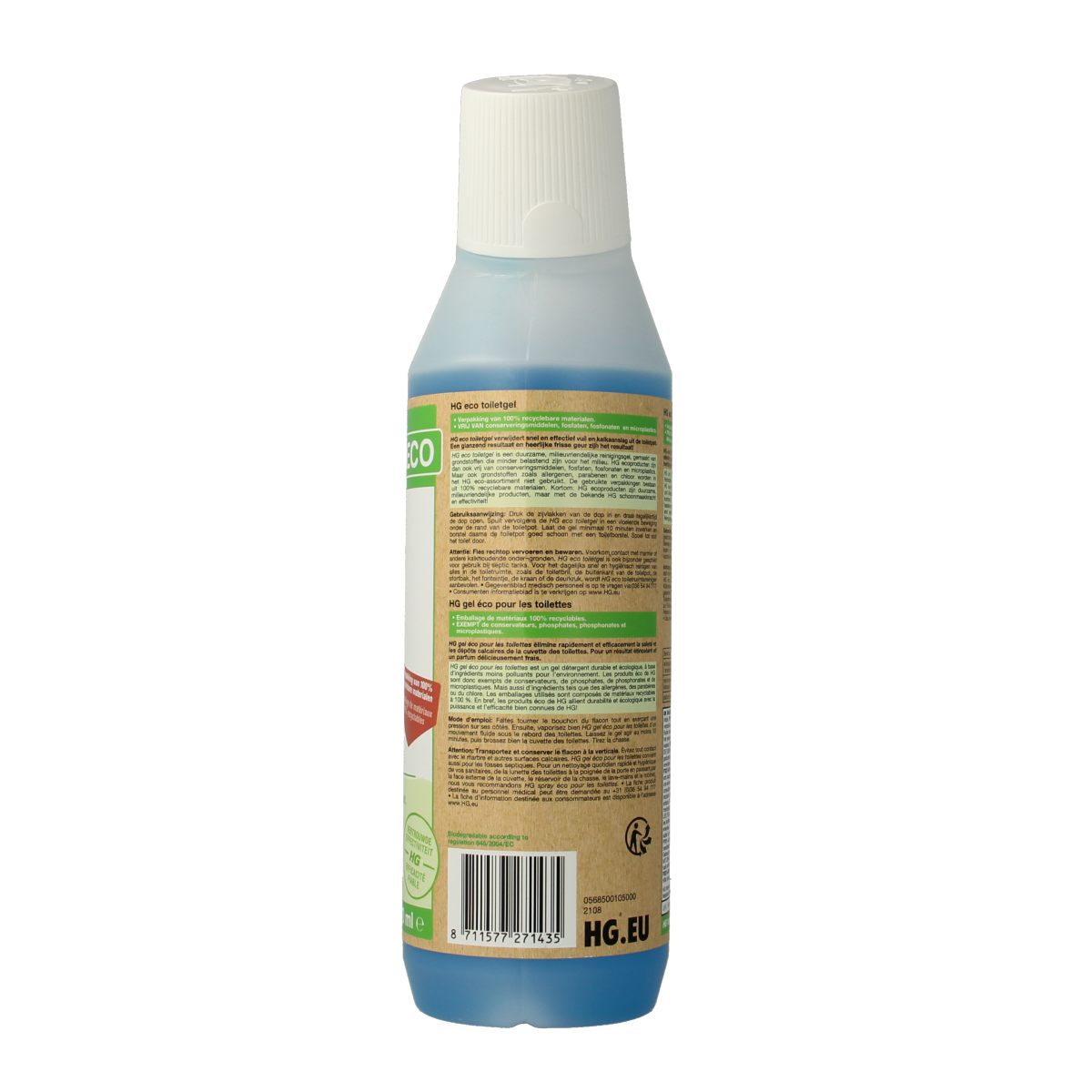 HG Eco toilet gel 500ml bottle for toilet cleaning and freshness, with a clear label and nozzle for easy application.