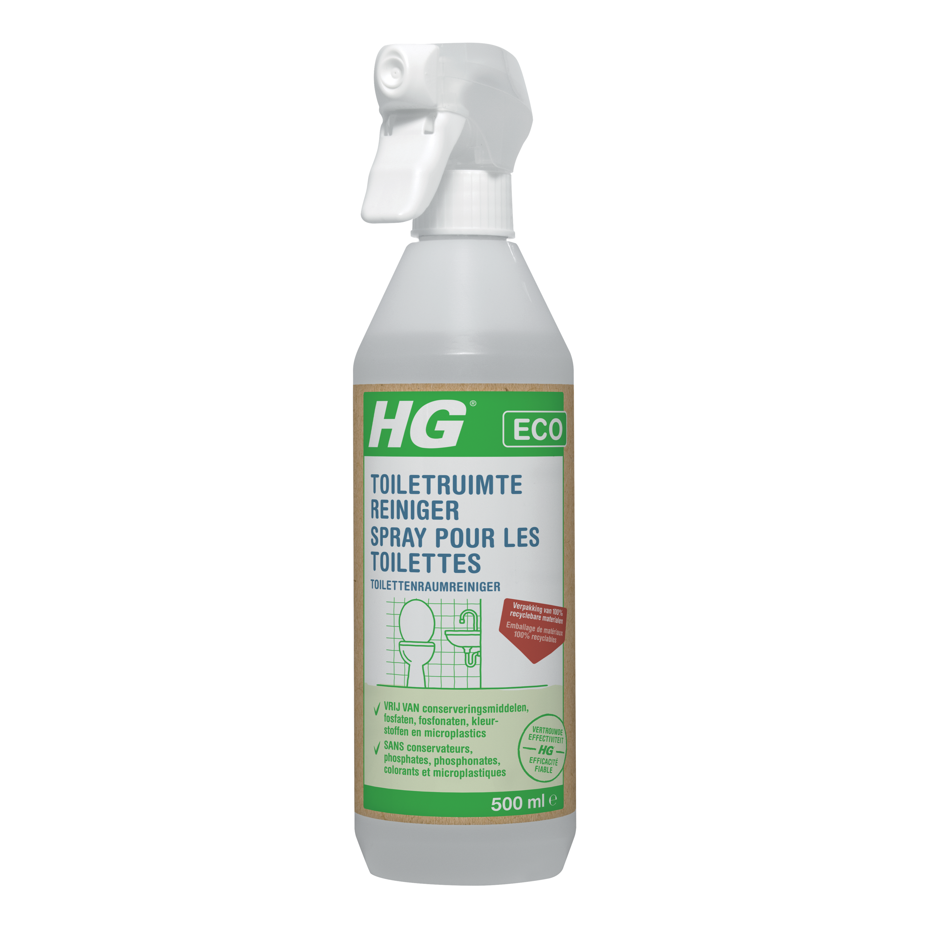 HG Eco toiletruimte reiniger bottle, 500ml, eco-friendly toilet cleaner with green label and cap, suitable for bathroom cleaning.