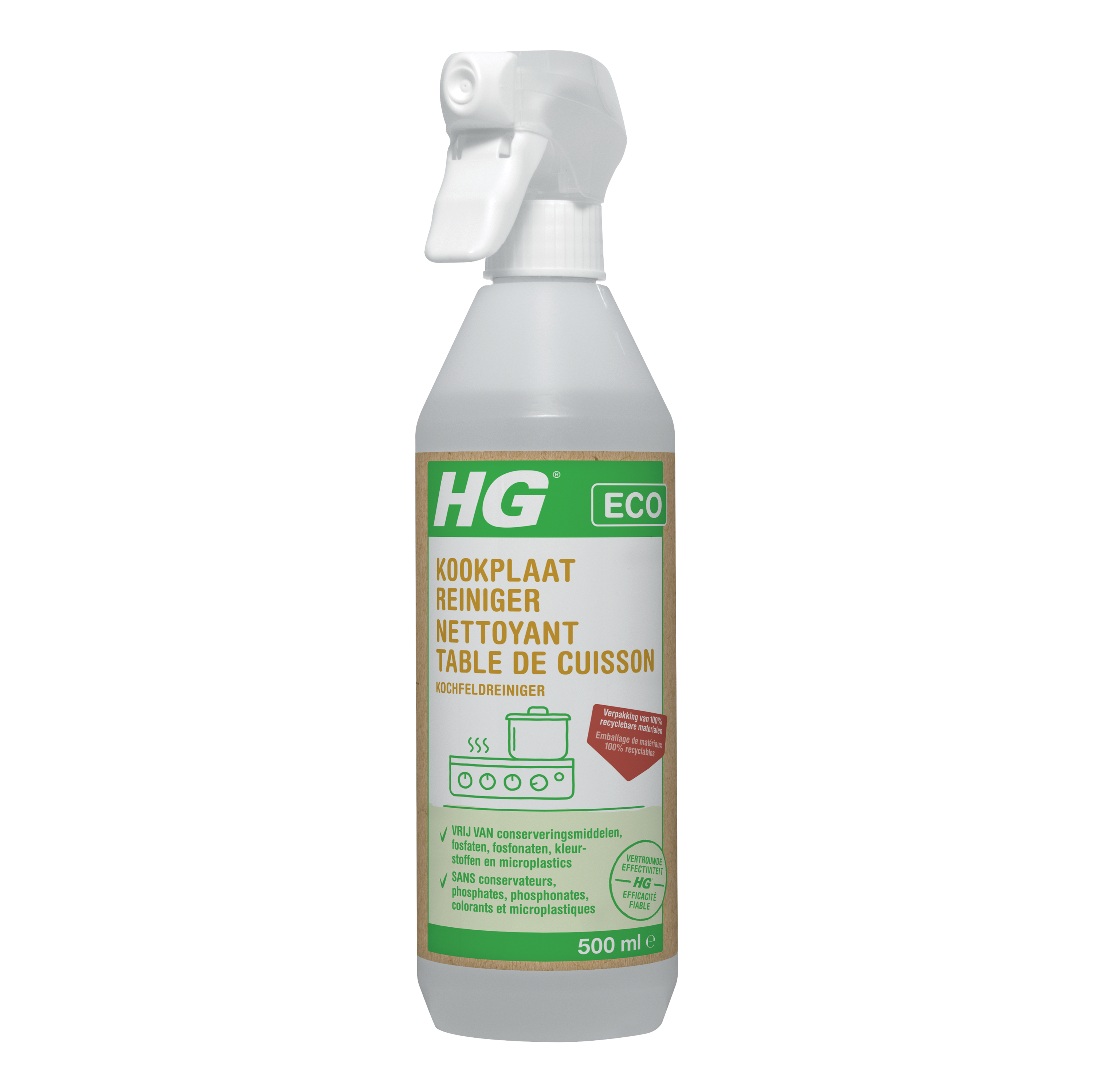 HG Eco kookplaatreiniger spray bottle for cleaning electric and induction cooktops, 500ml, eco-friendly cleaning product.