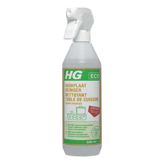 HG Eco kookplaatreiniger spray bottle for cleaning electric and induction cooktops, 500ml, eco-friendly cleaning product.