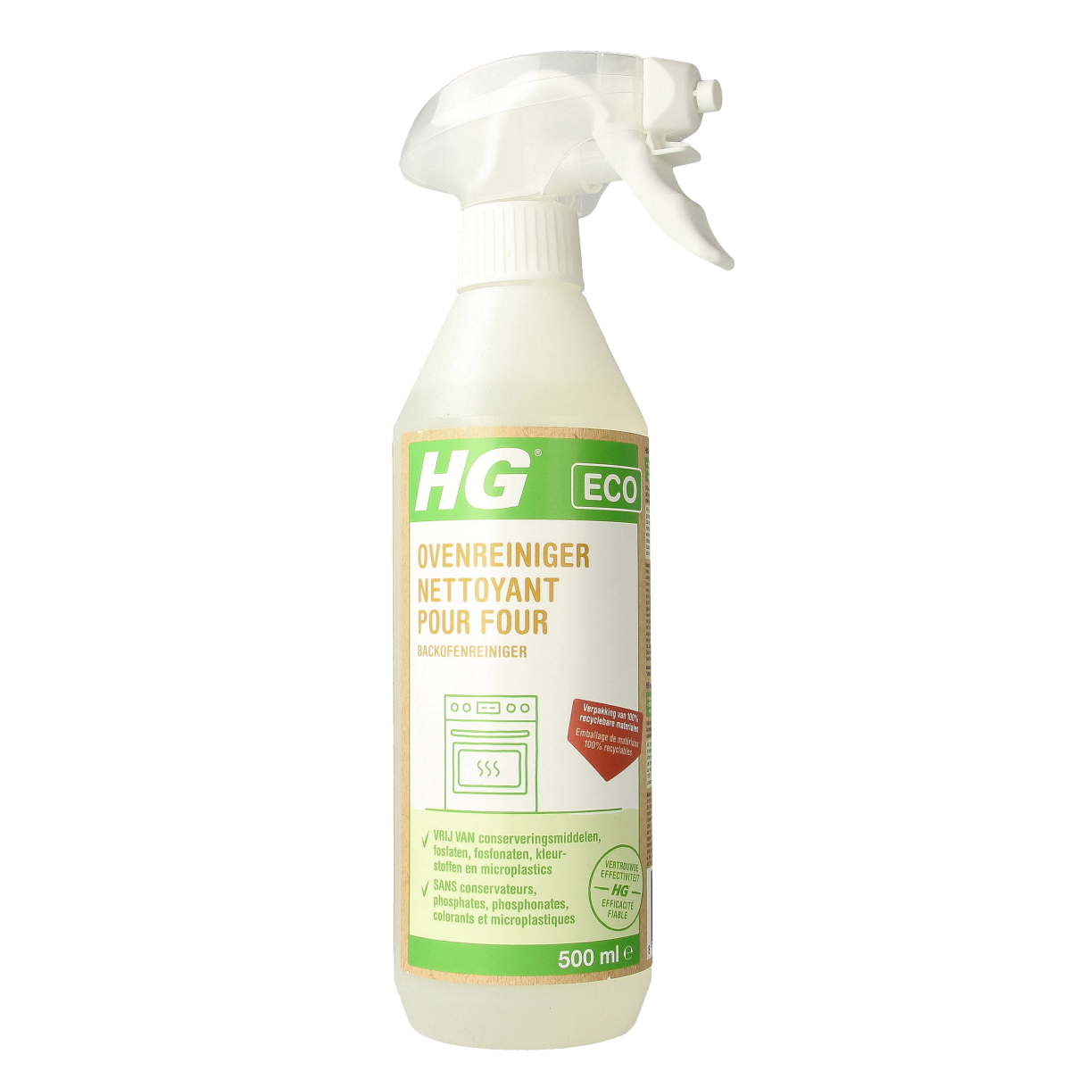 HG Eco oven cleaner 500ml bottle, eco-friendly oven cleaning product, with label and cap visible.