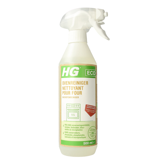 HG Eco oven cleaner 500ml bottle, eco-friendly oven cleaning product, with label and cap visible.