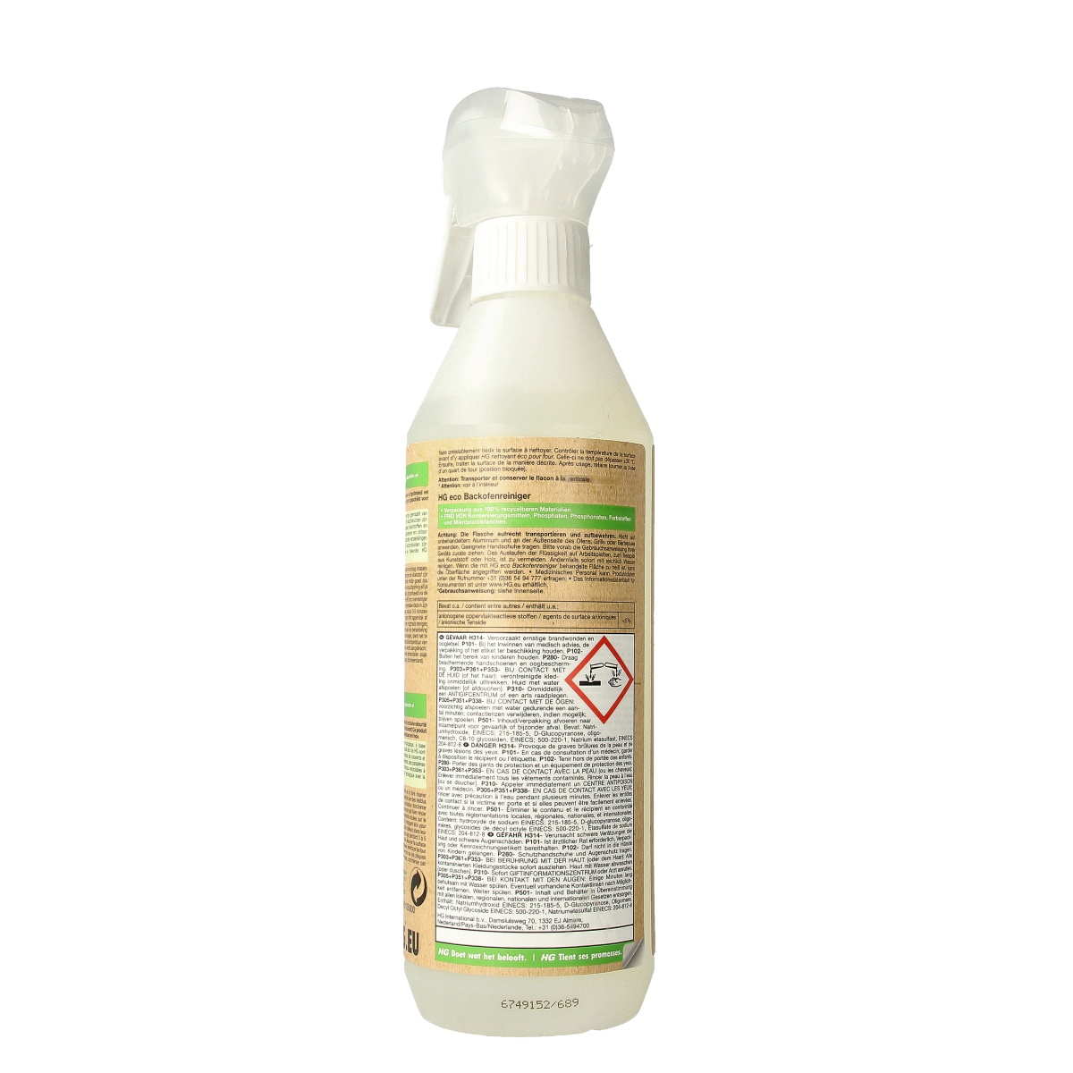 HG Eco oven cleaner 500ml bottle, eco-friendly kitchen cleaning product with spray nozzle for oven cleaning.