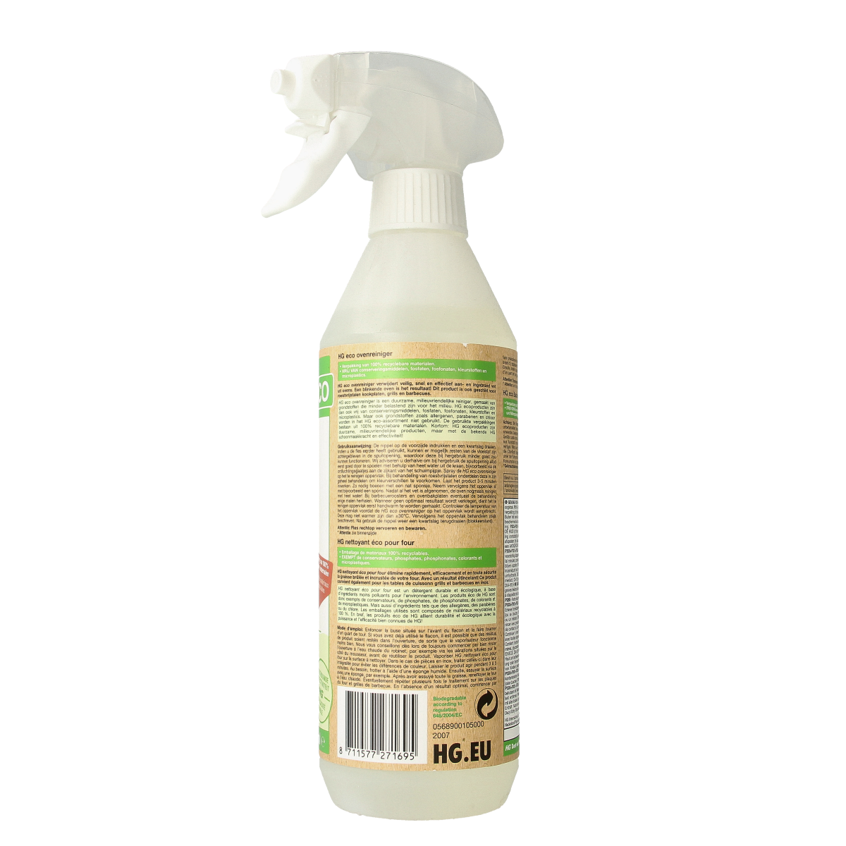 HG Eco oven cleaner 500ml bottle, eco-friendly kitchen cleaning product with spray nozzle for oven cleaning.