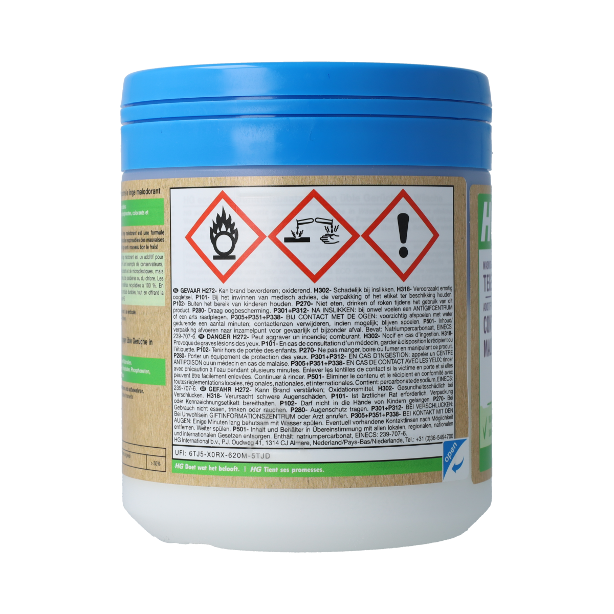 HG Eco wasmiddeltoevoeging for stinkend wasgoed, 500ml bottle of eco-friendly laundry additive in clear packaging