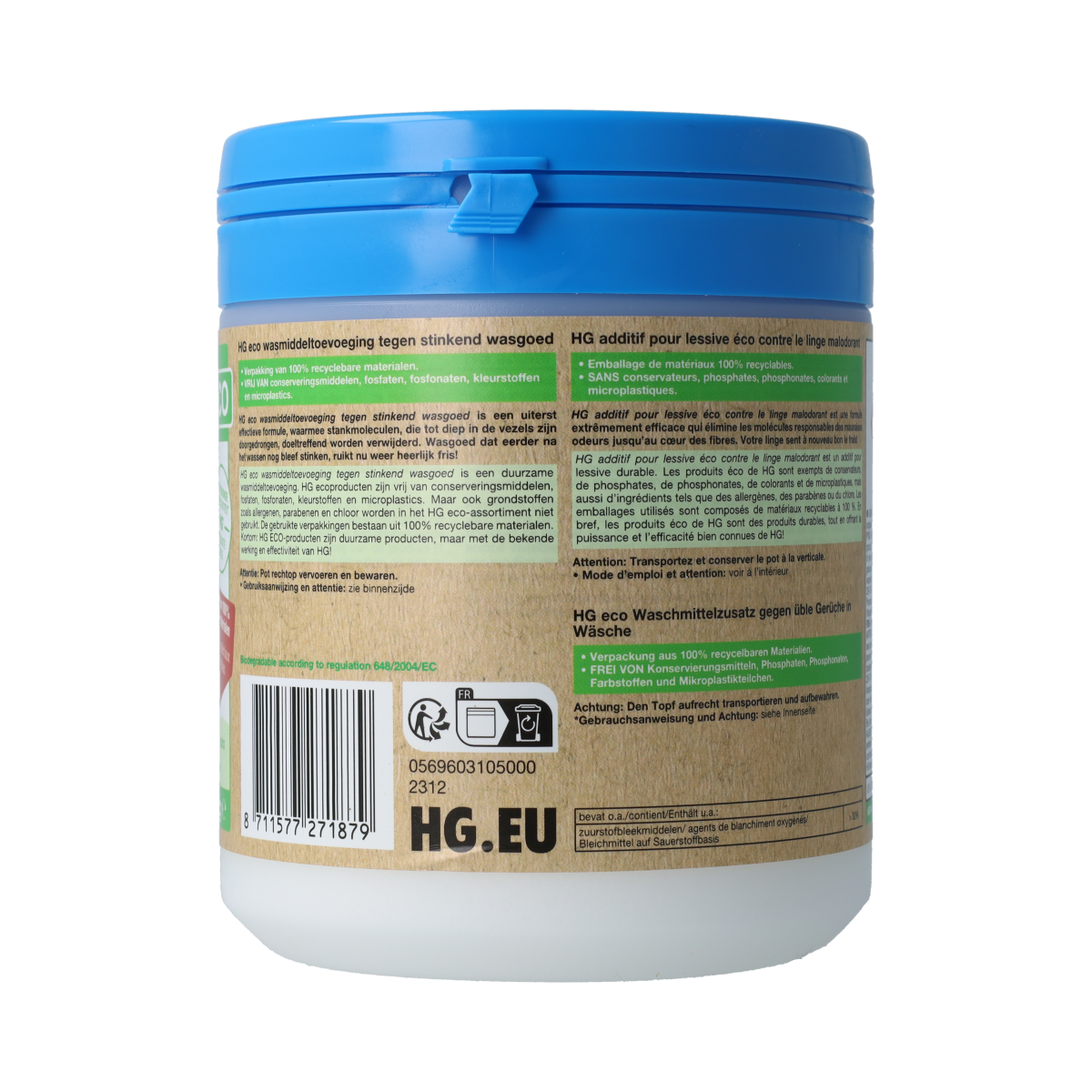 HG Eco wasmiddeltoevoeging for stinkend wasgoed, 500ml, natural laundry additive for freshening clothes, in a clear bottle.