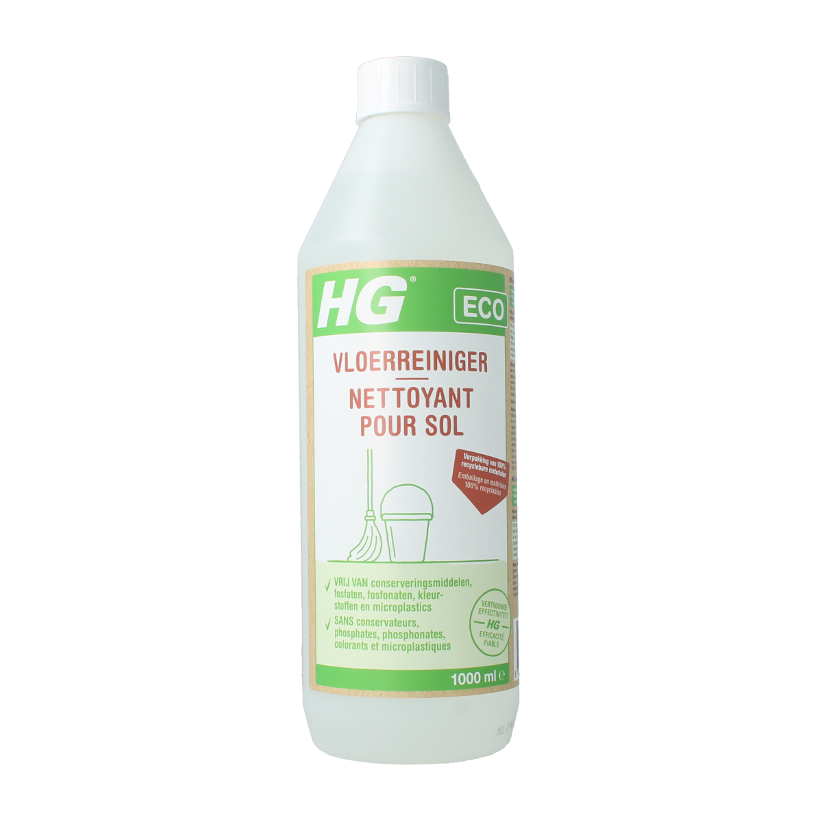 HG Eco vloerreiniger 1 liter in a spray bottle, designed for cleaning floors with eco-friendly formulation and easy application.