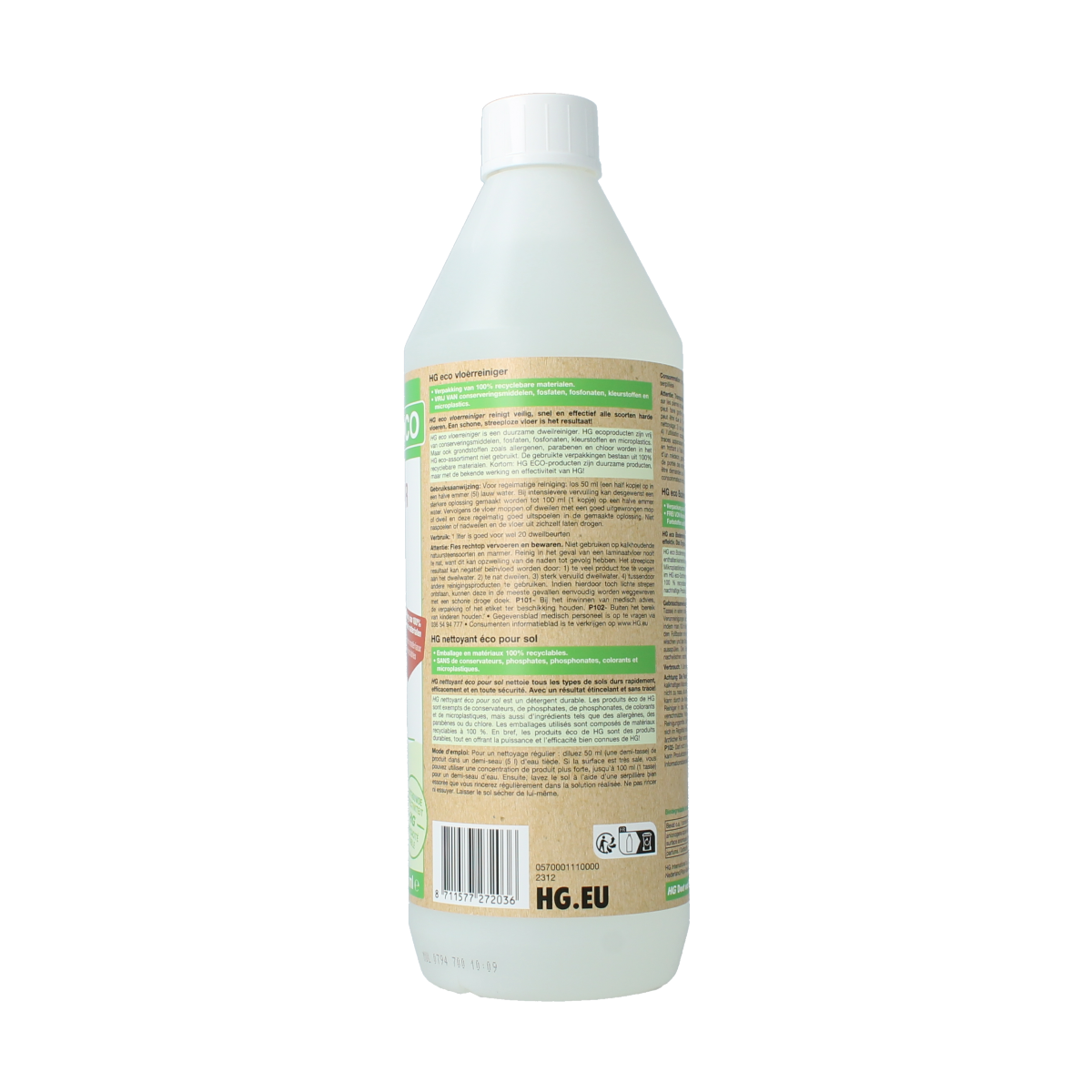 HG Eco vloerreiniger in 1 liter bottle, eco-friendly floor cleaning product from HG with a spray nozzle.