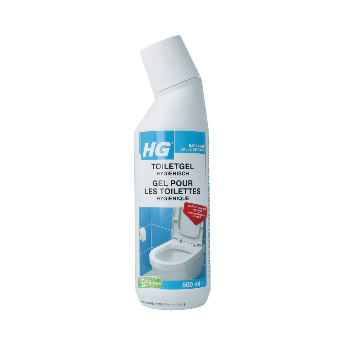 HG Toiletgel hygienisch toilet cleaner in 500ml bottle, featuring a clean and hygienic design for effective bathroom cleaning.