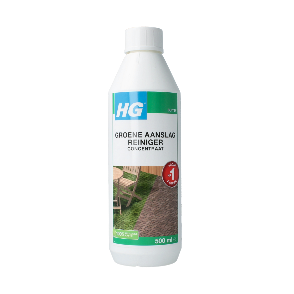 HG Groene aanslagreiniger concentrat in 500ml bottle, effective cleaning product for removing green algae and moss from surfaces.