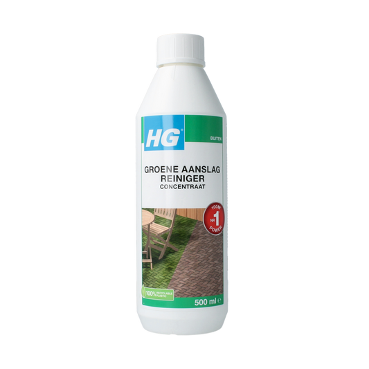 HG Groene aanslagreiniger concentrat in 500ml bottle, effective cleaning product for removing green algae and moss from surfaces.