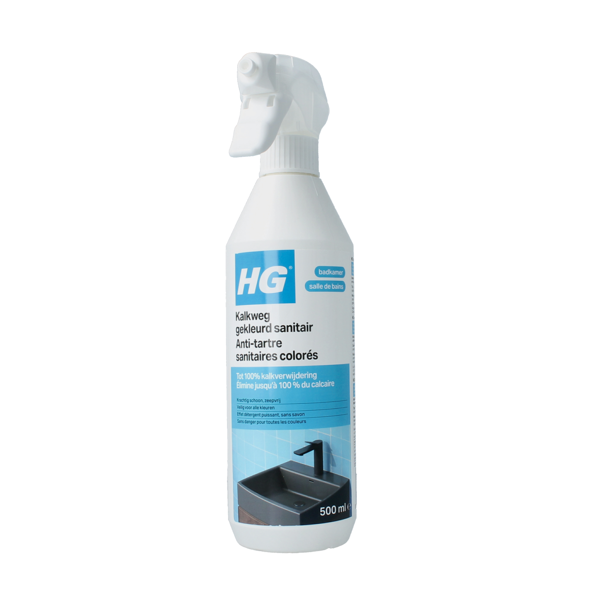 HG Kalkweg gekleurd sanitair cleaner bottle with colorful label, 500ml, for removing lime and calcium deposits from bathroom surfaces