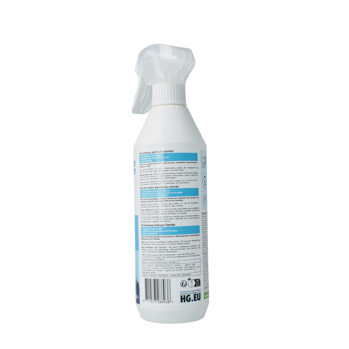 HG Kalkweg gekleurd sanitair cleaner bottle with a white cap and label, designed for cleaning colored bathroom surfaces.