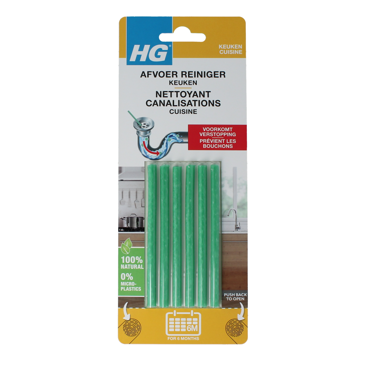 HG Afvoerreiniger set of 6 cleaning products for drain cleaning, featuring bottles with blue caps and HG branding.
