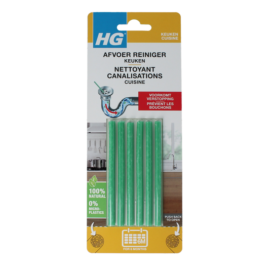HG Afvoerreiniger set of 6 cleaning products for drain cleaning, featuring bottles with blue caps and HG branding.