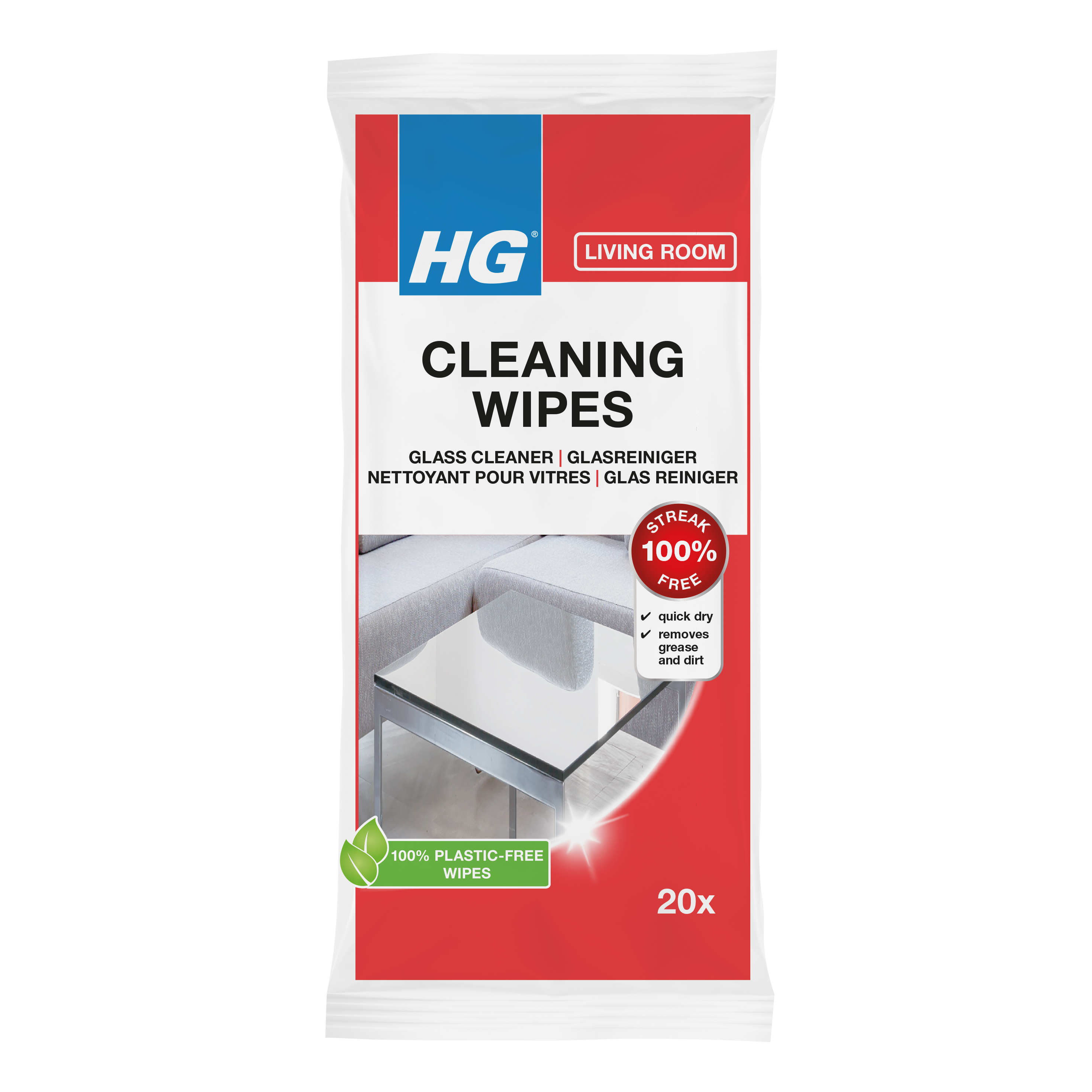 HG Glasreiniger wipes, 20-pack, cleaning cloths for glass surfaces, designed for streak-free shine and easy cleaning.